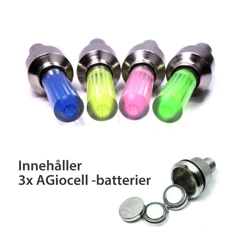 "Multikolor LED-lampa för däckventil lyser i olika färger, ökar synlighet och stil vid bil-, cykel- eller motorcykelkörning."