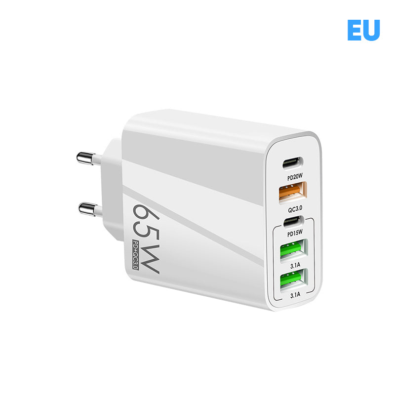 "Multiportadapter 65W snabbladdare, kompakt design, flera USB-portar, laddar flera enheter snabbt och effektivt."