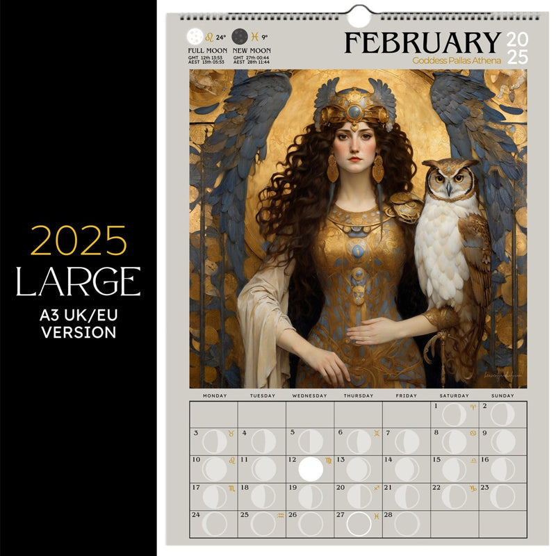 "Mystisk Art Nouveau Månfaskalender 2025 med gotiska illustrationer, FSC-certifierat papper, väggkonst och månfaser."