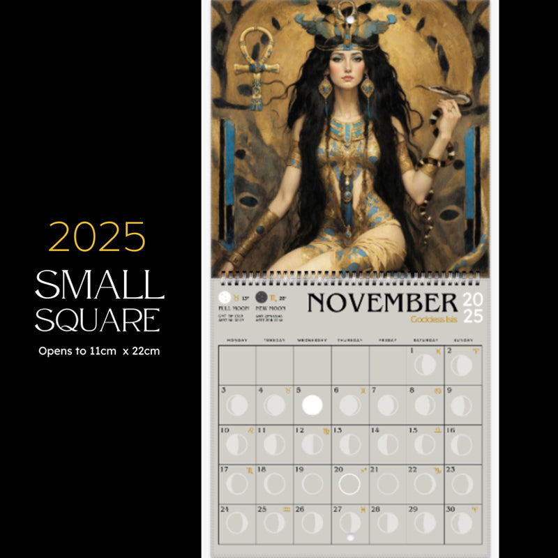 "Mystisk Art Nouveau Månfaskalender 2025 med gotiska illustrationer, FSC-certifierat papper, väggkonst och månfaser."