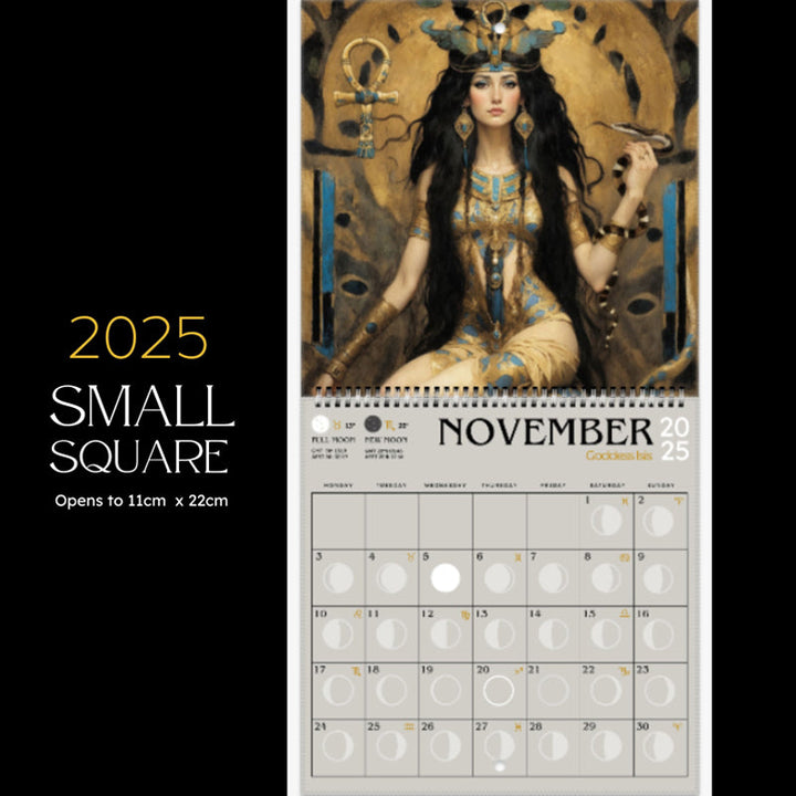 "Mystisk Art Nouveau Månfaskalender 2025 med gotiska illustrationer, FSC-certifierat papper, väggkonst och månfaser."