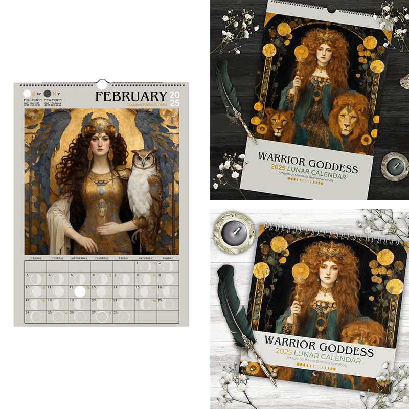 "Mystisk Art Nouveau Månfaskalender 2025 med gotiska illustrationer, FSC-certifierat papper, väggkonst och månfaser."