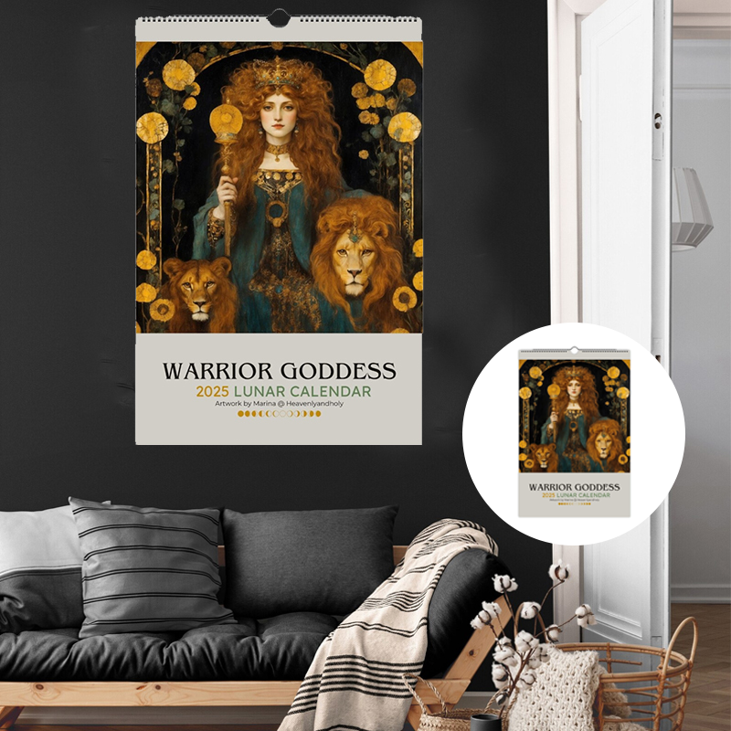 "Mystisk Art Nouveau Månfaskalender 2025 med gotiska illustrationer, FSC-certifierat papper, väggkonst och månfaser."
