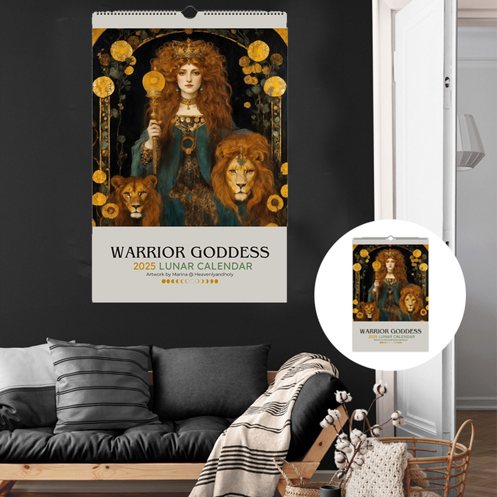 "Mystisk Art Nouveau Månfaskalender 2025 med gotiska illustrationer, FSC-certifierat papper, väggkonst och månfaser."