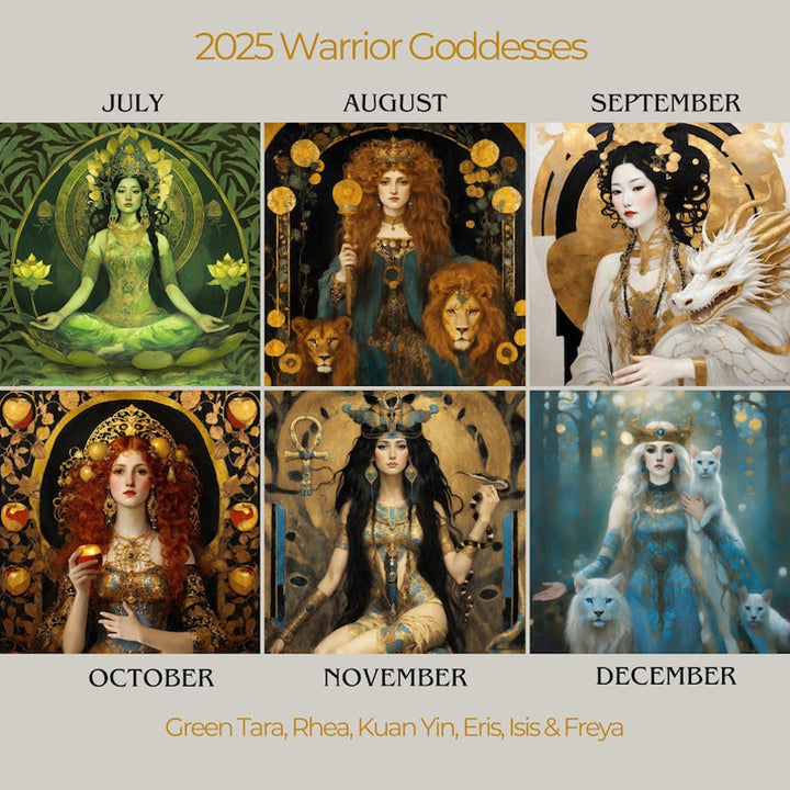 "Mystisk Art Nouveau Månfaskalender 2025 med gotiska illustrationer, FSC-certifierat papper, väggkonst och månfaser."