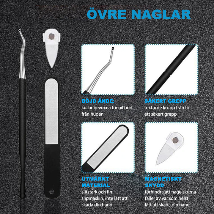 "Nagelklippare i medicinskt stål, ergonomiskt handtag, precisionsklippare för inåtväxande och tjocka naglar."