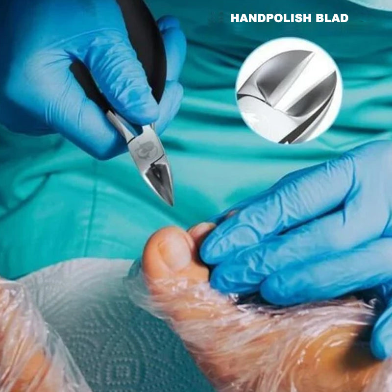 "Nagelklippare i medicinskt stål, ergonomiskt handtag, precisionsklippare för inåtväxande och tjocka naglar."