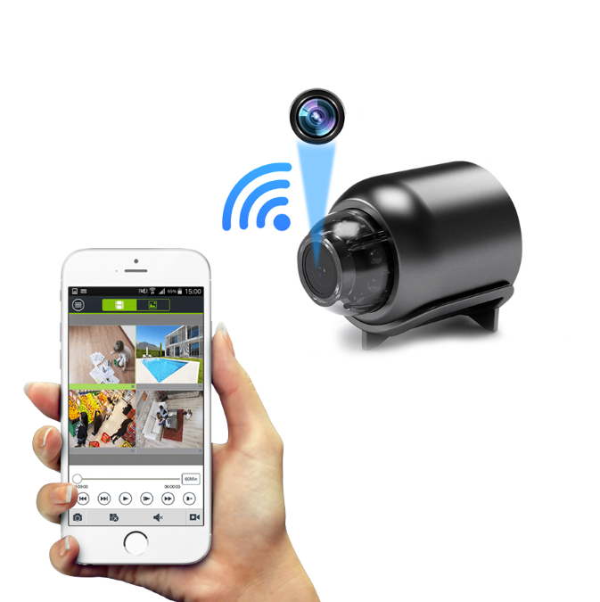 "NanoVision 4K Mini Spionkamera, kompakt svart design med HD nattvision och rörelseupptäckning för diskret övervakning."