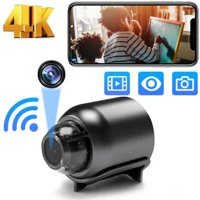 "NanoVision 4K Mini Spionkamera, kompakt svart design med HD nattvision och rörelseupptäckning för diskret övervakning."