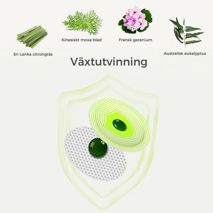 "Naturliga örtmyggmedelsplåster för gravida och spädbarn, runda plåster i beige, säker skydd mot mygg utan DEET."