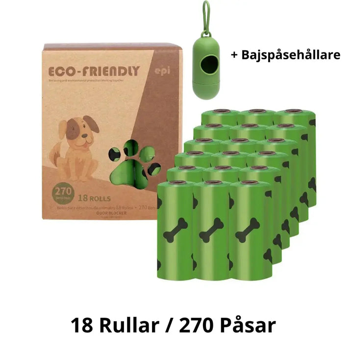 "Nedbrytbara hundbajspåsar i grönt med praktisk hållare för enkel användning och miljövänligt avfallshantering."
