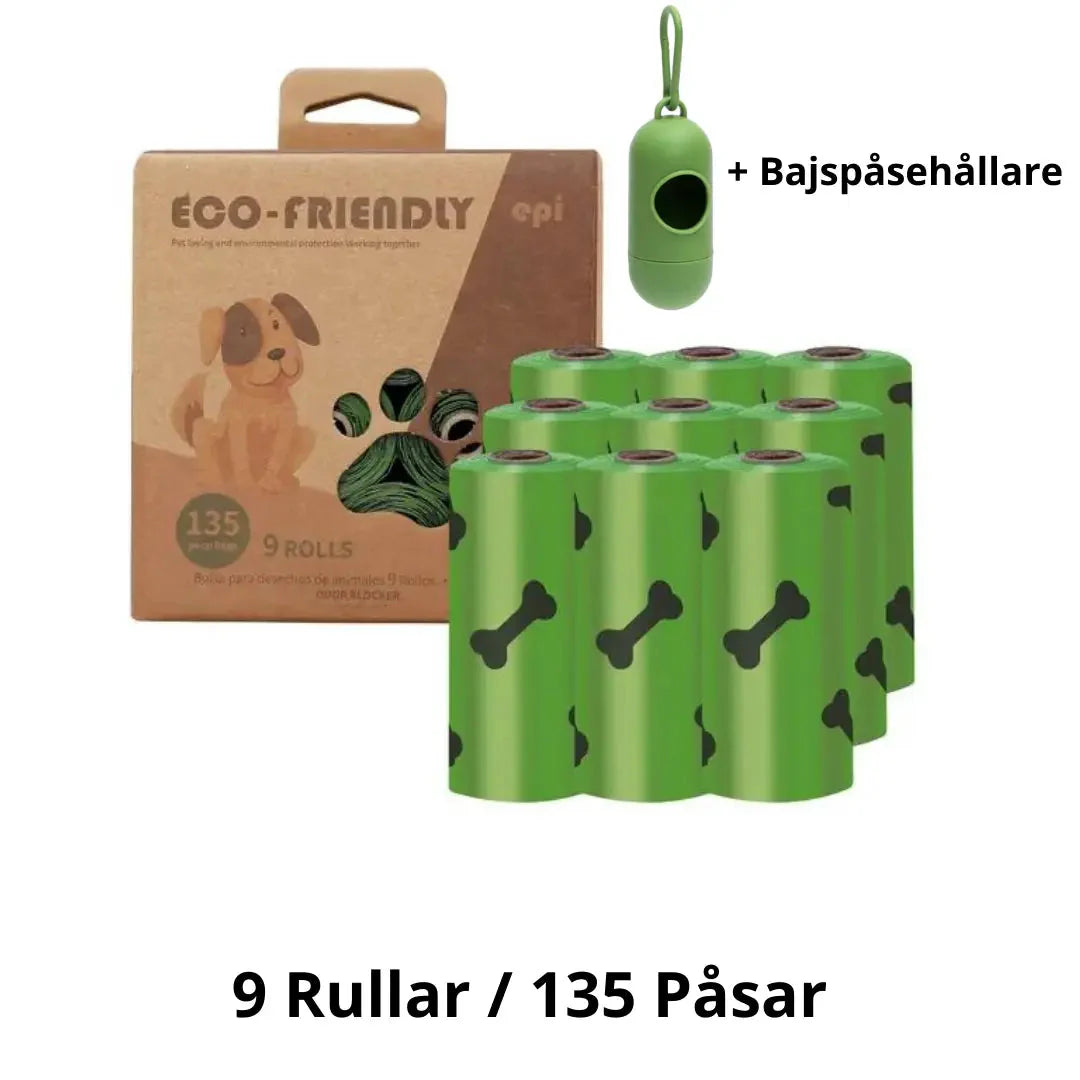 "Nedbrytbara hundbajspåsar i grönt med praktisk hållare för enkel användning och miljövänligt avfallshantering."