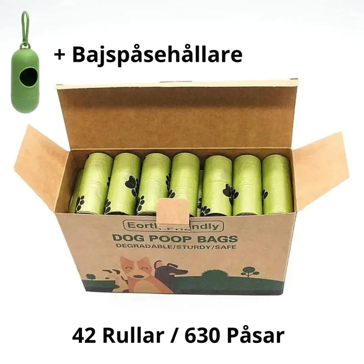 "Nedbrytbara hundbajspåsar i grönt med praktisk hållare för enkel användning och miljövänligt avfallshantering."
