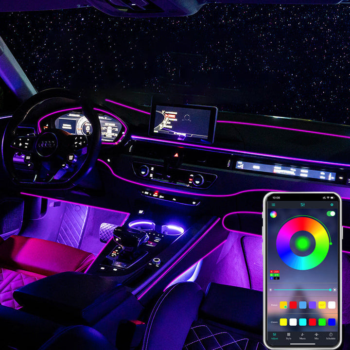 "Neonljus för bilinteriör, RGB LED-ljusremsor, livfulla färger, modern belysning för bil, nattkörning effekter"