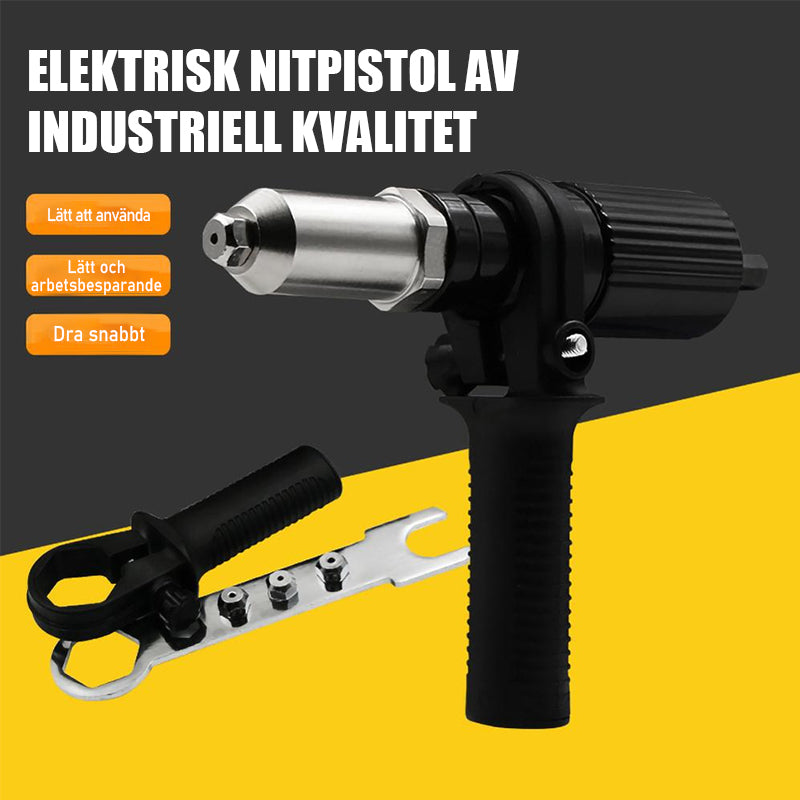 "Nitpistol för borrmaskin, fyrkantig kropp, fyra munstycken, ergonomiskt handtag, silverlegerat stål, DIY-projekt."