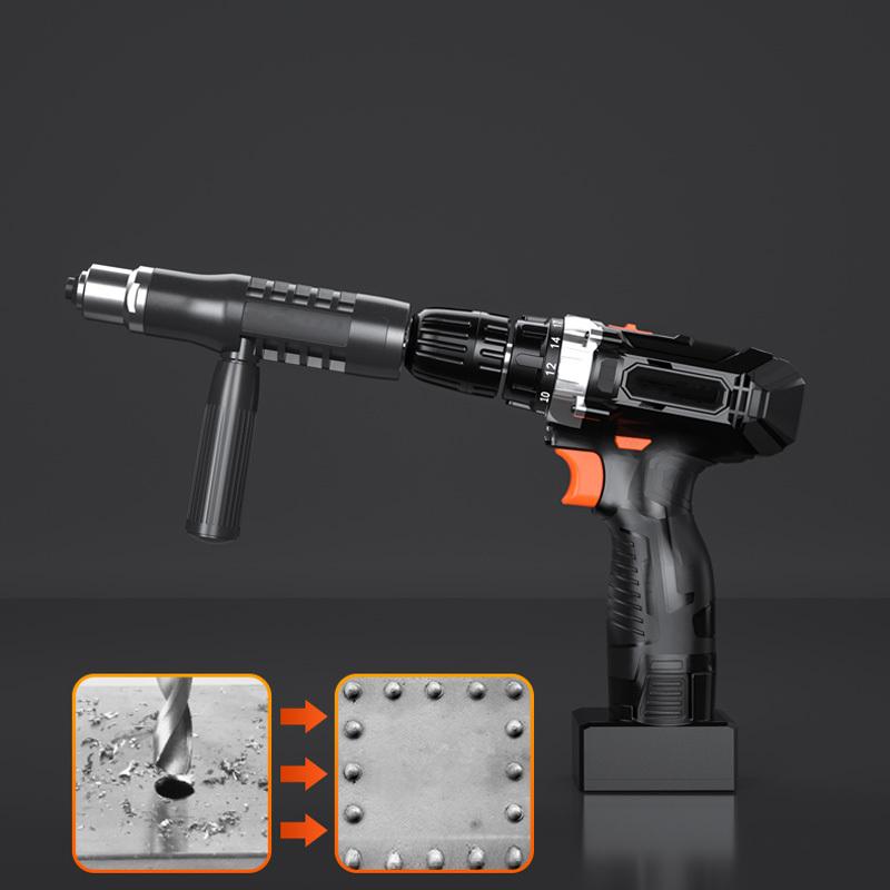 "Nitpistol för borrmaskin, fyrkantig kropp, fyra munstycken, ergonomiskt handtag, silverlegerat stål, DIY-projekt."