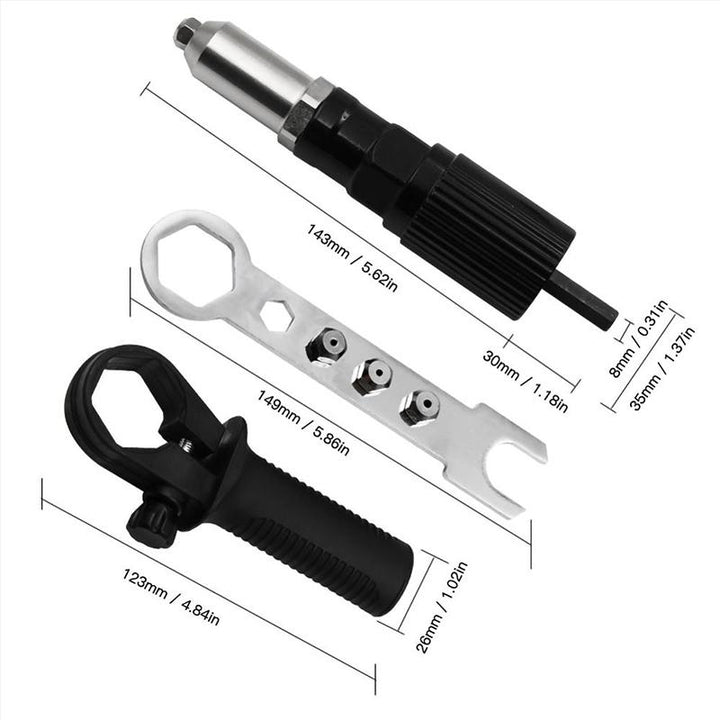 "Nitpistol för borrmaskin, fyrkantig kropp, fyra munstycken, ergonomiskt handtag, silverlegerat stål, DIY-projekt."