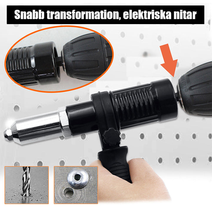 "Nitpistol för borrmaskin, fyrkantig kropp, fyra munstycken, ergonomiskt handtag, silverlegerat stål, DIY-projekt."