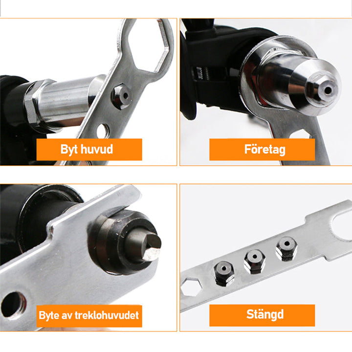 "Nitpistol för borrmaskin, fyrkantig kropp, fyra munstycken, ergonomiskt handtag, silverlegerat stål, DIY-projekt."