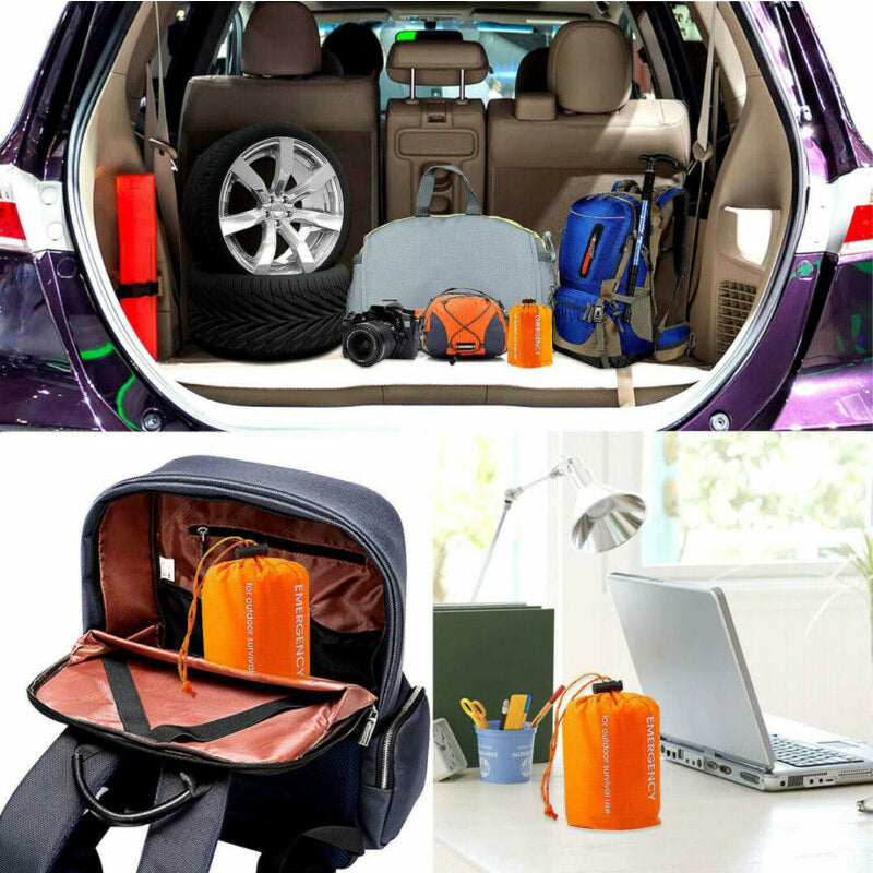 "Nödsovsäck utomhus, vattentät och kompakt i orange, för camping och äventyr, synlig vid nödsituationer."