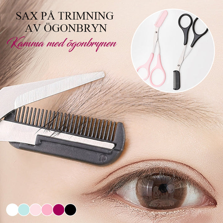 "Ögonbrynssax i rostfritt stål med avtagbar kam för enkel precisionstrimning och rengöring, professionell styling."