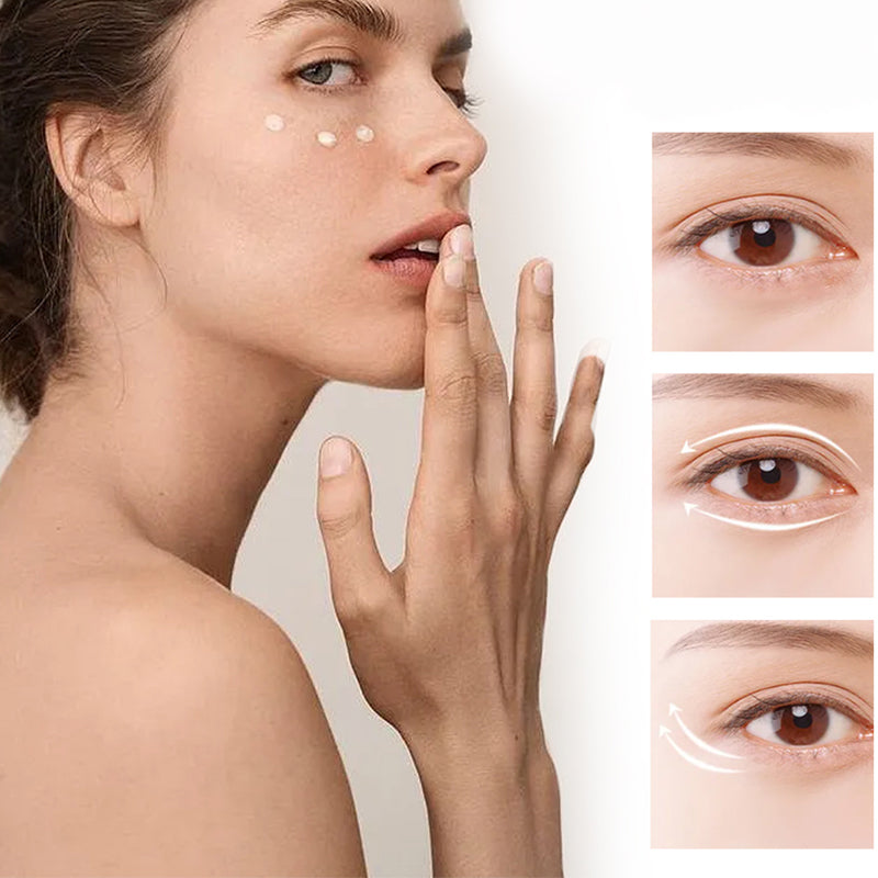 "Ögonkräm för uppstramning och återfuktning, visas i en elegant burk med mjuk textur och ljus krämfärg."