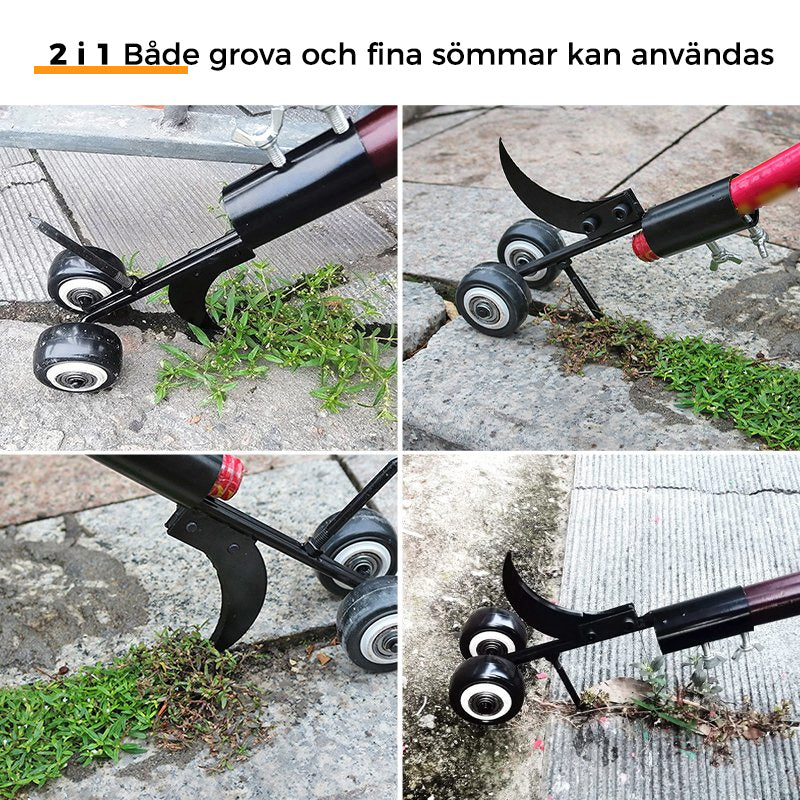 "Ogräsrensare för enkel trädgårdsskötsel, svart stål, ergonomisk handtag, perfekt för uppfart och uteplats."