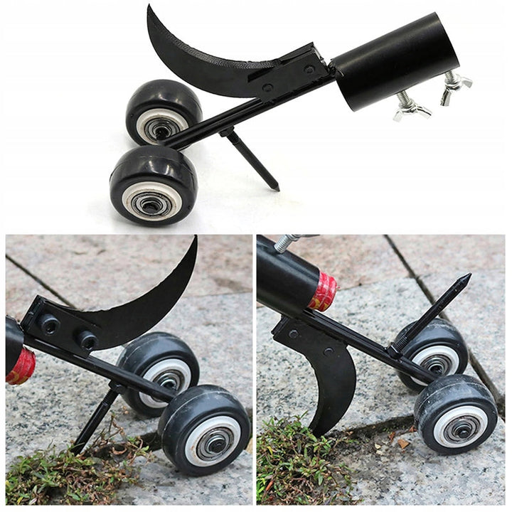 "Ogräsrensare för enkel trädgårdsskötsel, svart stål, ergonomisk handtag, perfekt för uppfart och uteplats."