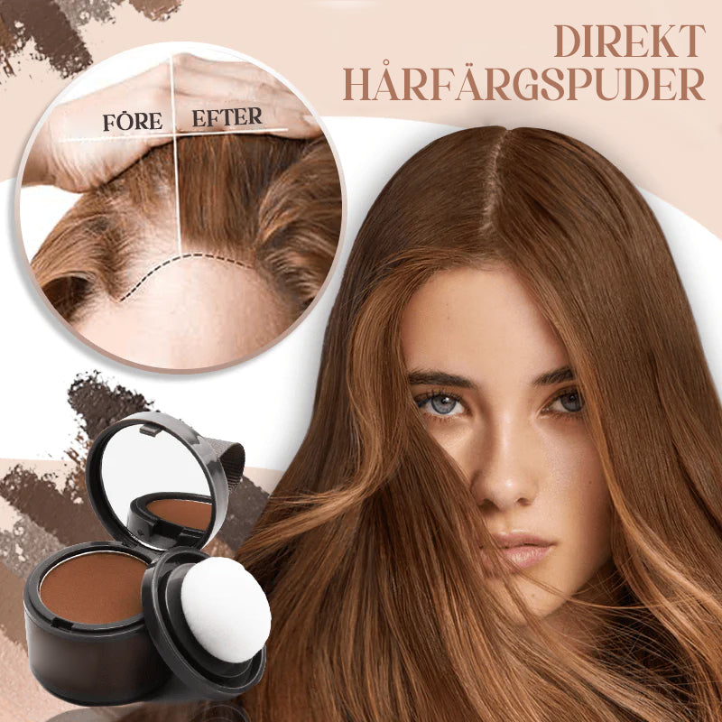 "Omedelbart hårfärgningspulver, naturlig look, döljer grå rötter, kompakta färgnyanser, lätt att applicera med puff."