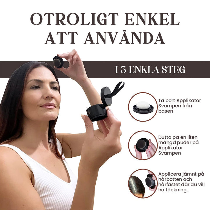 "Omedelbart hårfärgningspulver, naturlig look, döljer grå rötter, kompakta färgnyanser, lätt att applicera med puff."