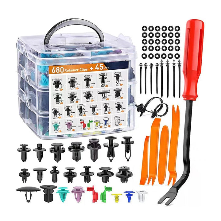 "Omfattande bilklämmor och fäste verktygset 725 delar i slitstark svart nylon, organiserad i plastlåda för bilreparationer."