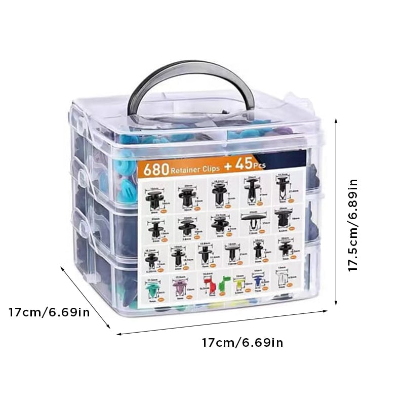 "Omfattande bilklämmor och fäste verktygset 725 delar i slitstark svart nylon, organiserad i plastlåda för bilreparationer."