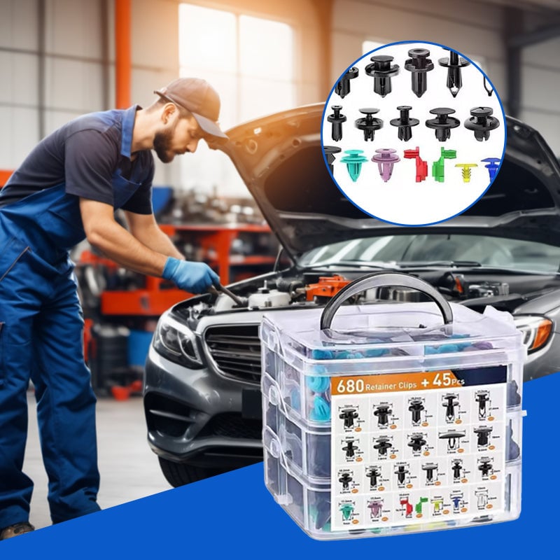 "Omfattande bilklämmor och fäste verktygset 725 delar i slitstark svart nylon, organiserad i plastlåda för bilreparationer."