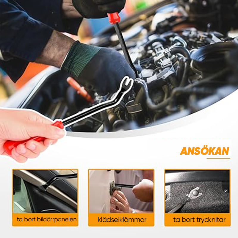 "Omfattande bilklämmor och fäste verktygset 725 delar i slitstark svart nylon, organiserad i plastlåda för bilreparationer."