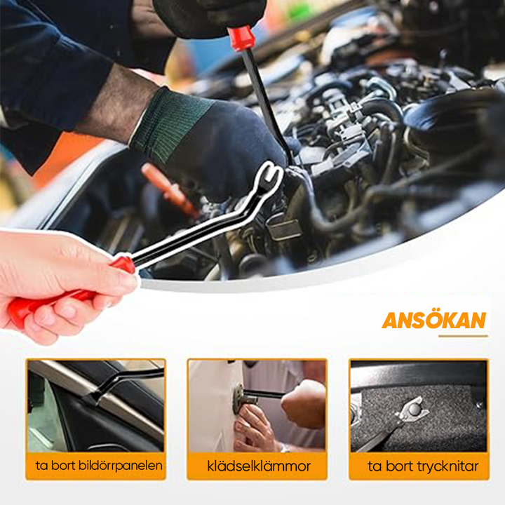 "Omfattande bilklämmor och fäste verktygset 725 delar i slitstark svart nylon, organiserad i plastlåda för bilreparationer."