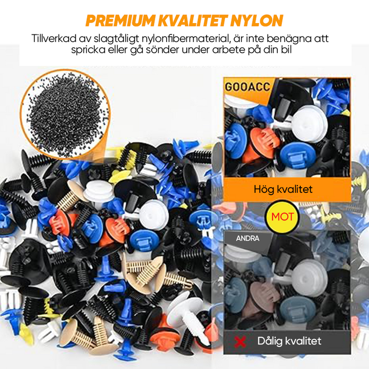 "Omfattande bilklämmor och fäste verktygset 725 delar i slitstark svart nylon, organiserad i plastlåda för bilreparationer."