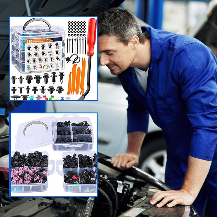 "Omfattande bilklämmor och fäste verktygset 725 delar i slitstark svart nylon, organiserad i plastlåda för bilreparationer."