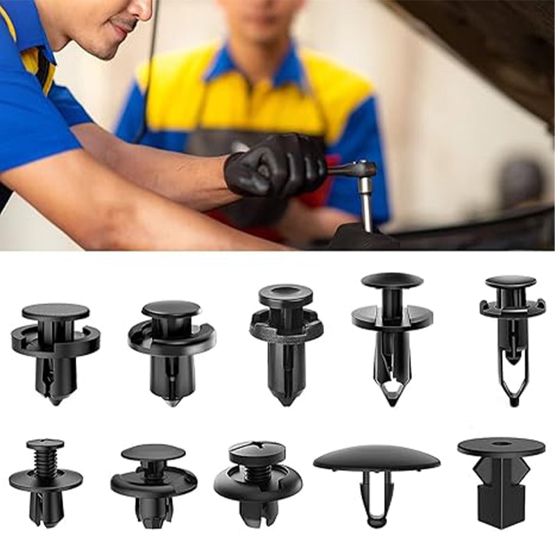 "Omfattande bilklämmor och fäste verktygset 725 delar i slitstark svart nylon, organiserad i plastlåda för bilreparationer."