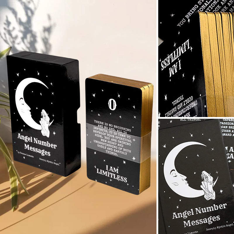 Oraclekort med änglanummer, elegant design, guldförgyllda kanter, erbjuder vägledning och självförstärkning.