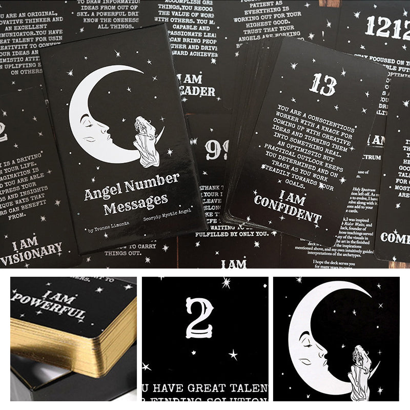 Oraclekort med änglanummer, elegant design, guldförgyllda kanter, erbjuder vägledning och självförstärkning.