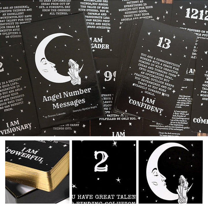 Oraclekort med änglanummer, elegant design, guldförgyllda kanter, erbjuder vägledning och självförstärkning.