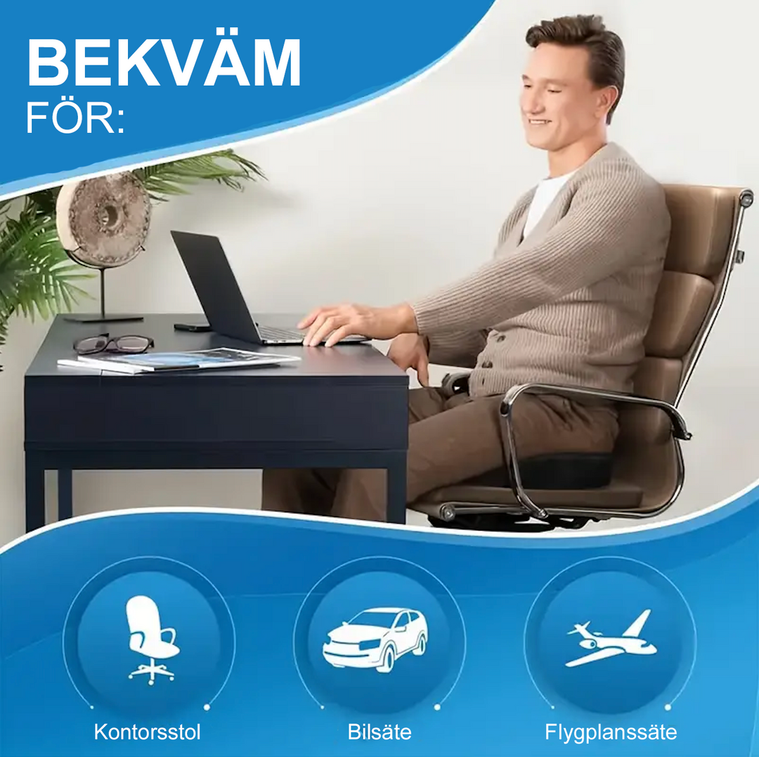 "Ortopedisk sittkudde med avancerat minnesskum och ergonomisk design, idealisk för kontors- och hemmabruk."