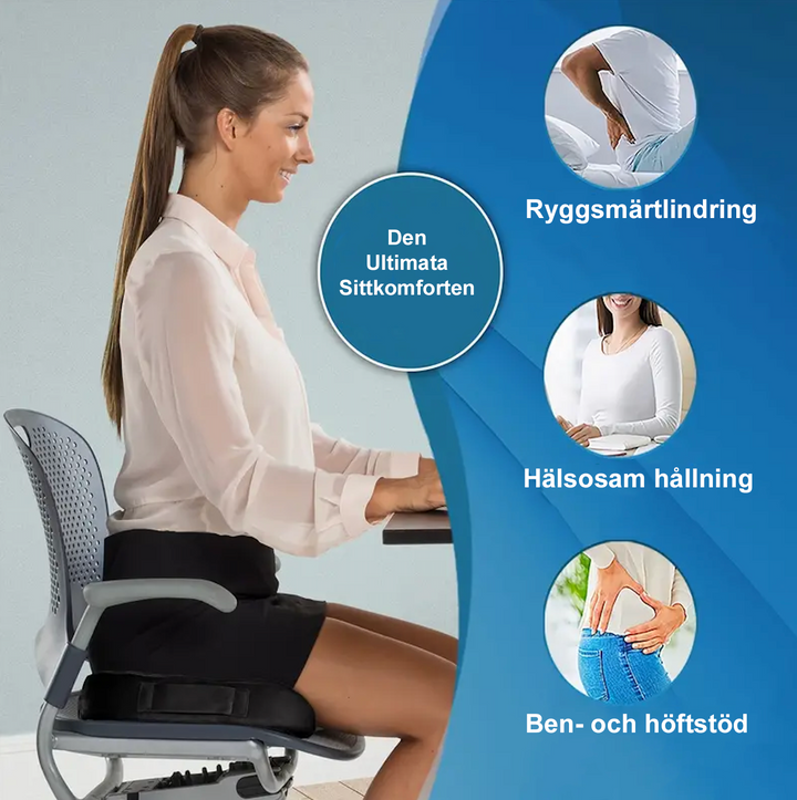 "Ortopedisk sittkudde med avancerat minnesskum och ergonomisk design, idealisk för kontors- och hemmabruk."