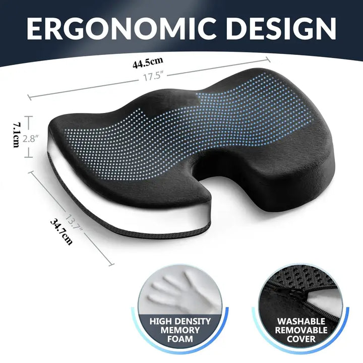 "Ortopedisk sittkudde med avancerat minnesskum och ergonomisk design, idealisk för kontors- och hemmabruk."