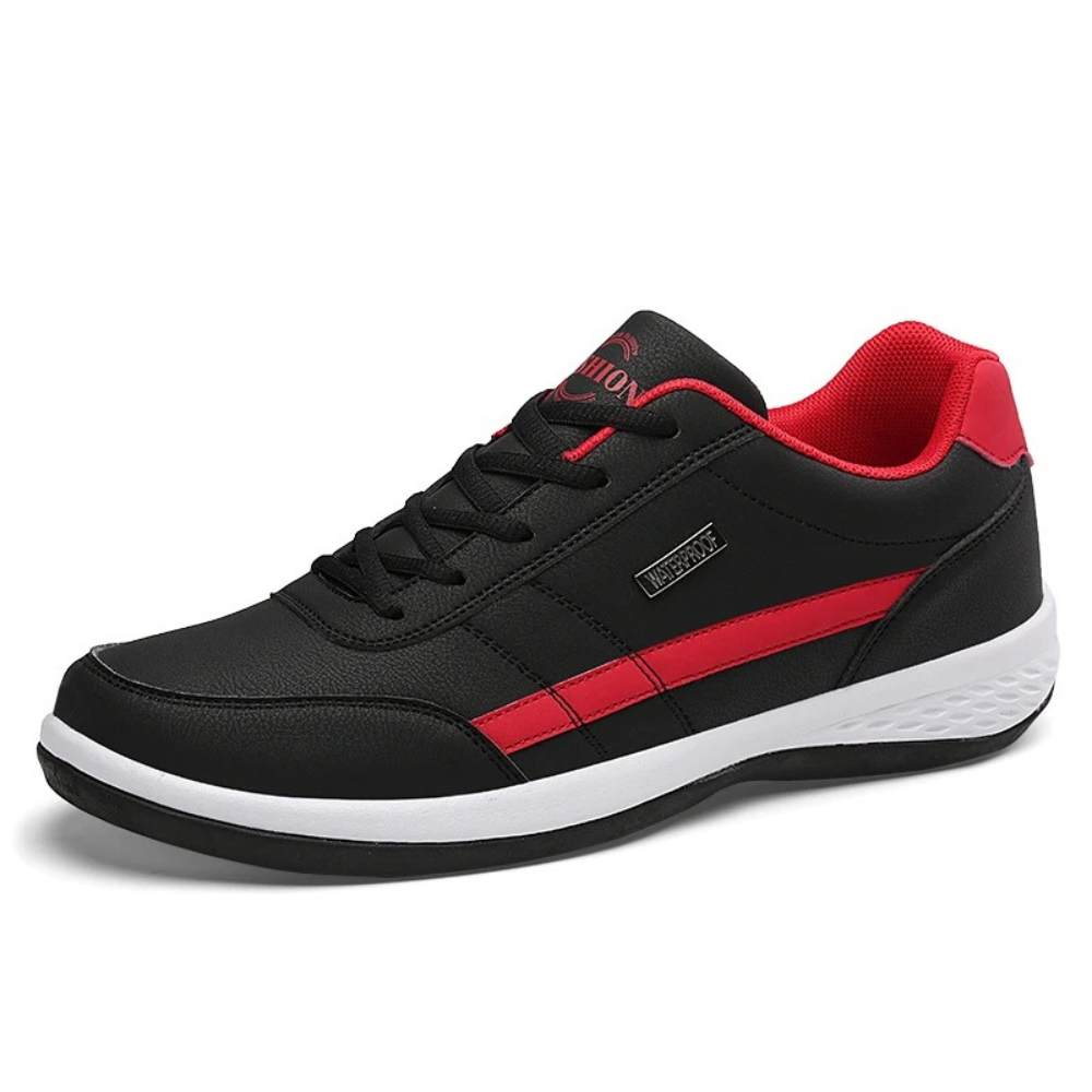 "Ortopediska herr sneakers i röd äkta läder för komfort och stil, perfekt för både formella och avslappnade tillfällen."