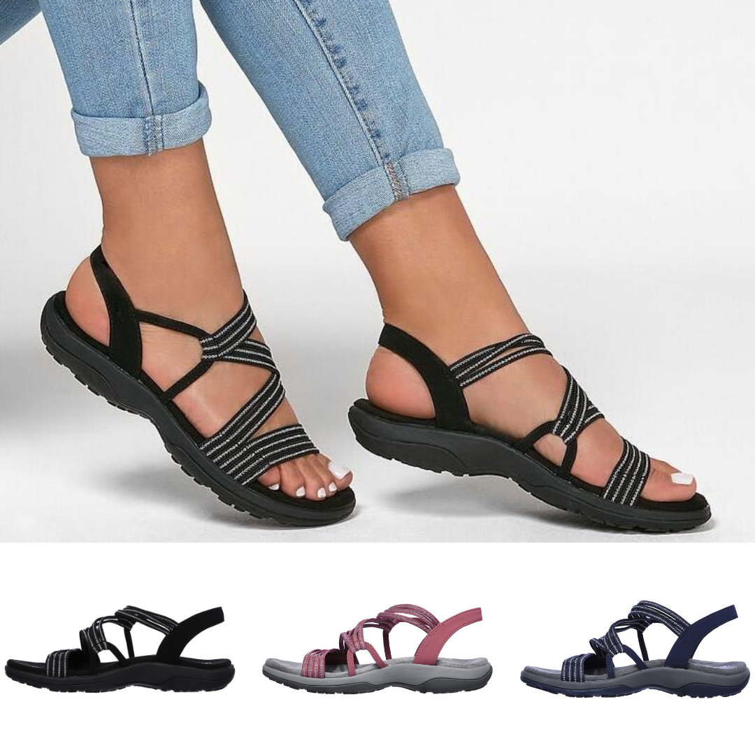 "Ortopediska slip-on damsandaler med justerbara remmar, stödjande fotvalv och anatomisk fotbädd i elegant design."