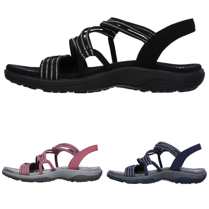 "Ortopediska slip-on damsandaler med justerbara remmar, stödjande fotvalv och anatomisk fotbädd i elegant design."