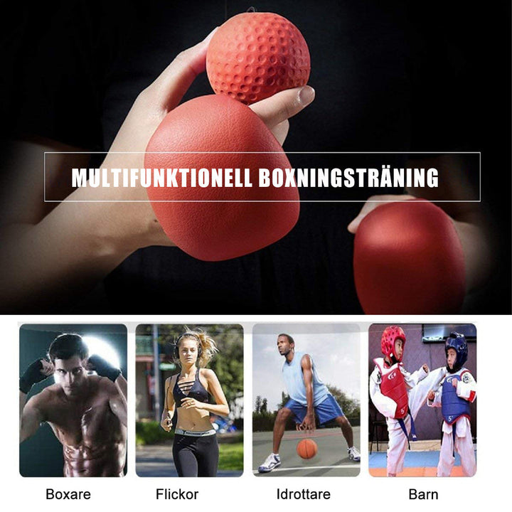 "Pannbandsboxningsset i rött, elastiskt material för träning av reflex och koordination, passar vuxna och barn."