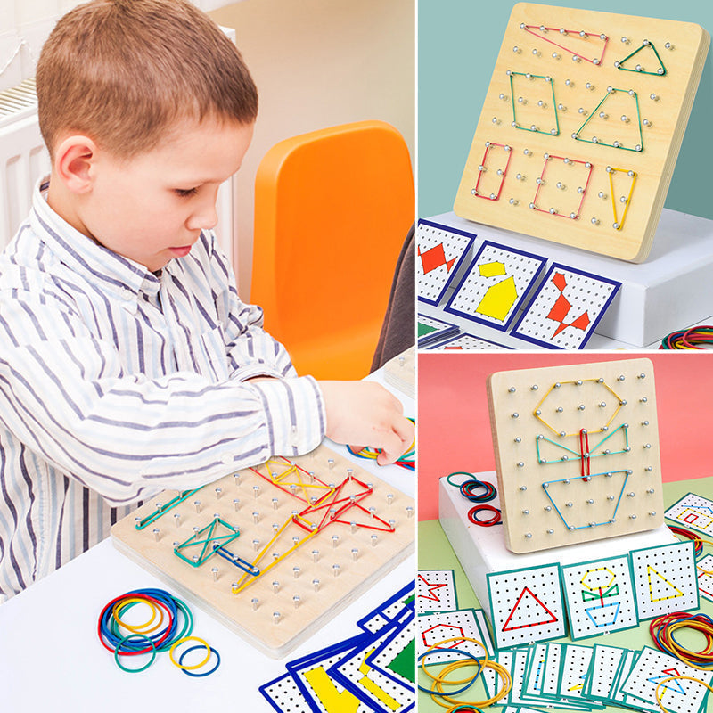 "Pedagogisk träleksak geoboard för barn med mönsterkort och färgade gummiband, utvecklar finmotorik och kreativitet."