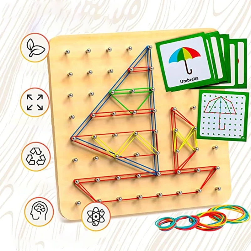 "Pedagogisk träleksak geoboard för barn med mönsterkort och färgade gummiband, utvecklar finmotorik och kreativitet."